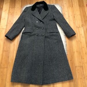 Vintage Karen 100% Wool Double Breasted Velvet Collar Gray Long Trench Coat M/L